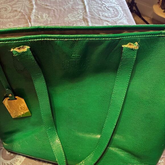Lauren Ralph Lauren Emerald Lizard Embossed Leather RLL Gold Hardware Large Bag - Picture 15 of 16
